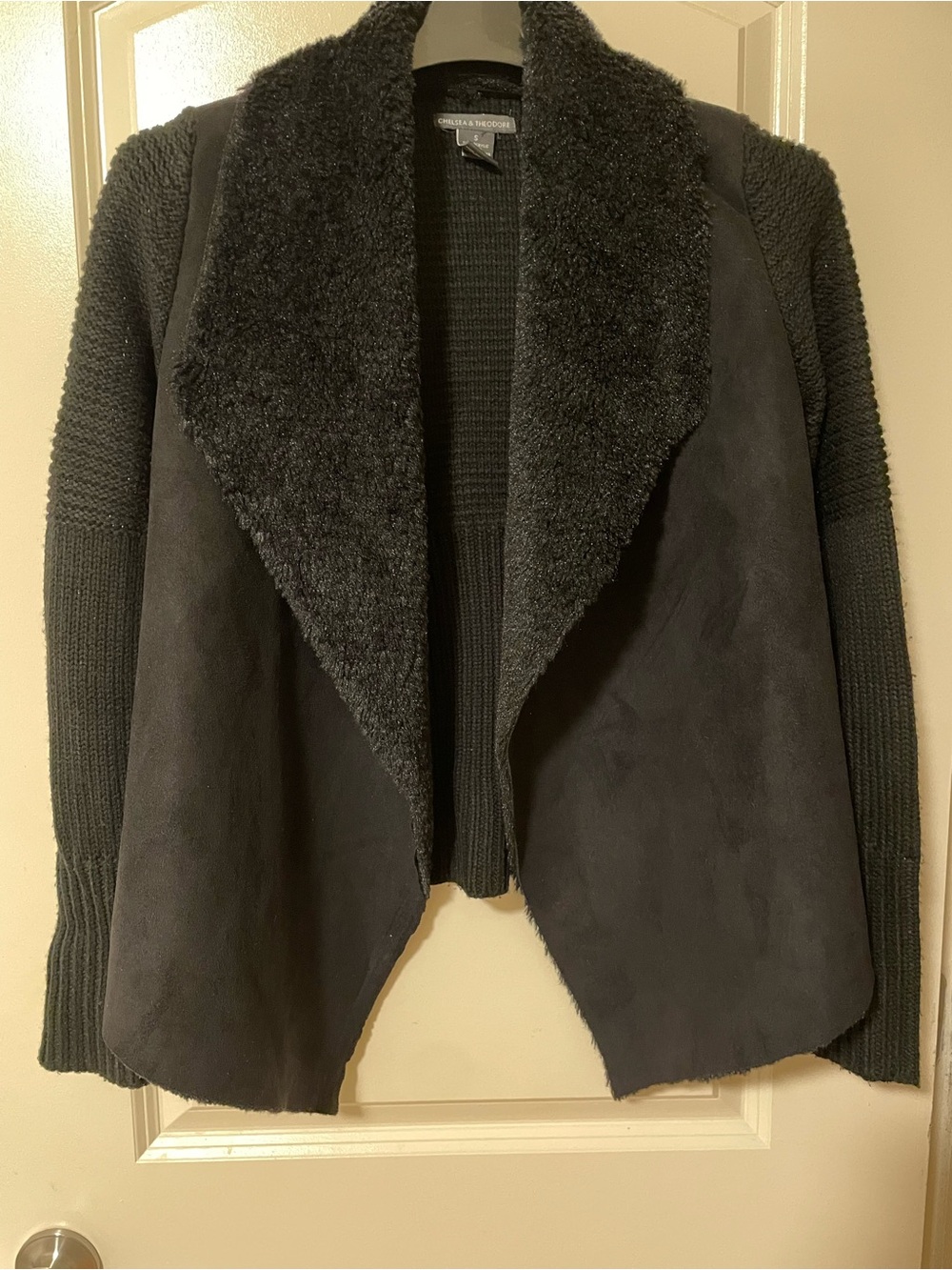 Open Front Faux Suede Faux Fur Shawl Collar Sweater - Black